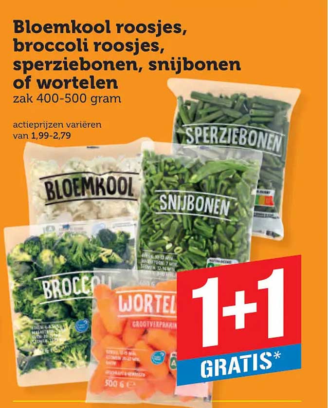 Bloemkool roosjes, broccoli roosjes, sperziebonen, snijbonen of wortelen zak 400-500 gram 1+1 gratis