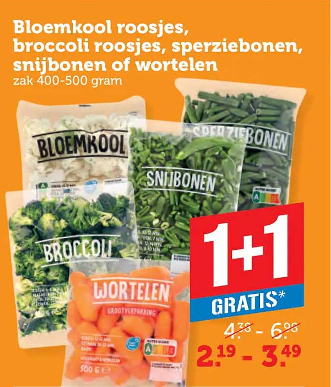Bloemkool roosjes, broccoli roosjes, sperziebonen, snijbonen of wortelen zak 400-500 gram 1+1 gratis