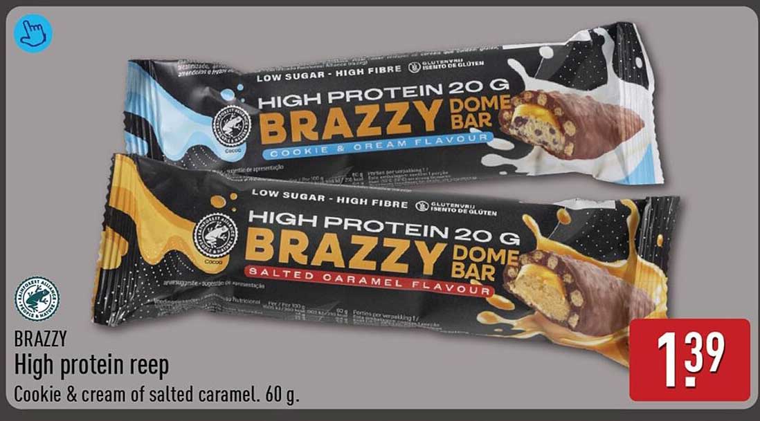 BRAZZY High protein reep Cookie & cream of salted caramel. 60 g.