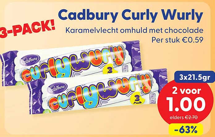 Cadbury Curly Wurly 3-PACK! 2 voor 1.00