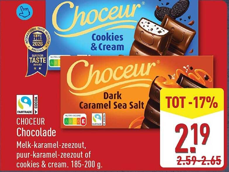 CHOCEUR Chocolade Melk-karamel-zeezout, puur-karamel-zeezout of cookies & cream. 185-200 g. TOT -17%