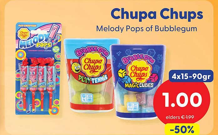 Chupa Chups Melody Pops of Bubblegum 4x15-90gr -50%