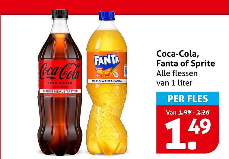 Coca-Cola, Fanta of Sprite Alle flessen van 1 liter PER FLES