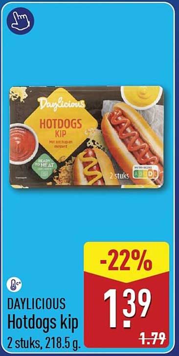Daylicious Hotdogs kip 2 stuks, 218.5 g. -22%