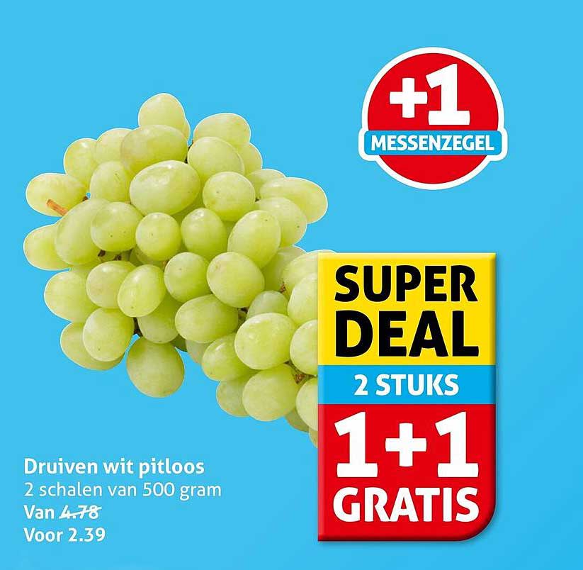 Druiven wit pitloos 2 schalen van 500 gram 1+1 GRATIS