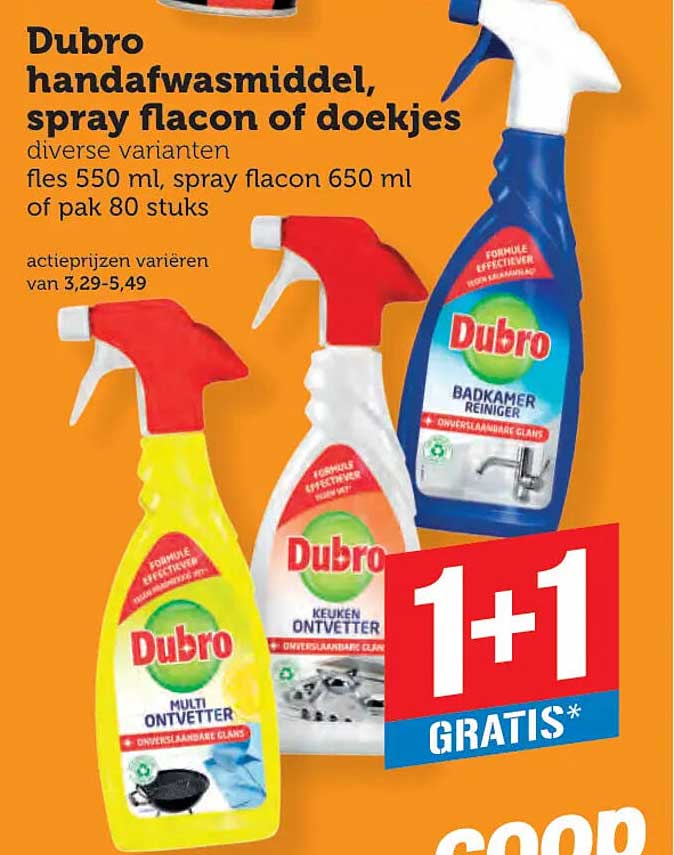 Dubro handafwasmiddel, spray flacon of doekjes 1+1 GRATIS*
