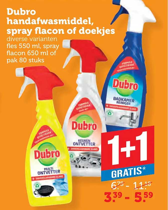 Dubro handafwasmiddel, spray flacon of doekjes diverse varianten fles 550 ml, spray flacon 650 ml of pak 80 stuks 1+1 GRATIS*