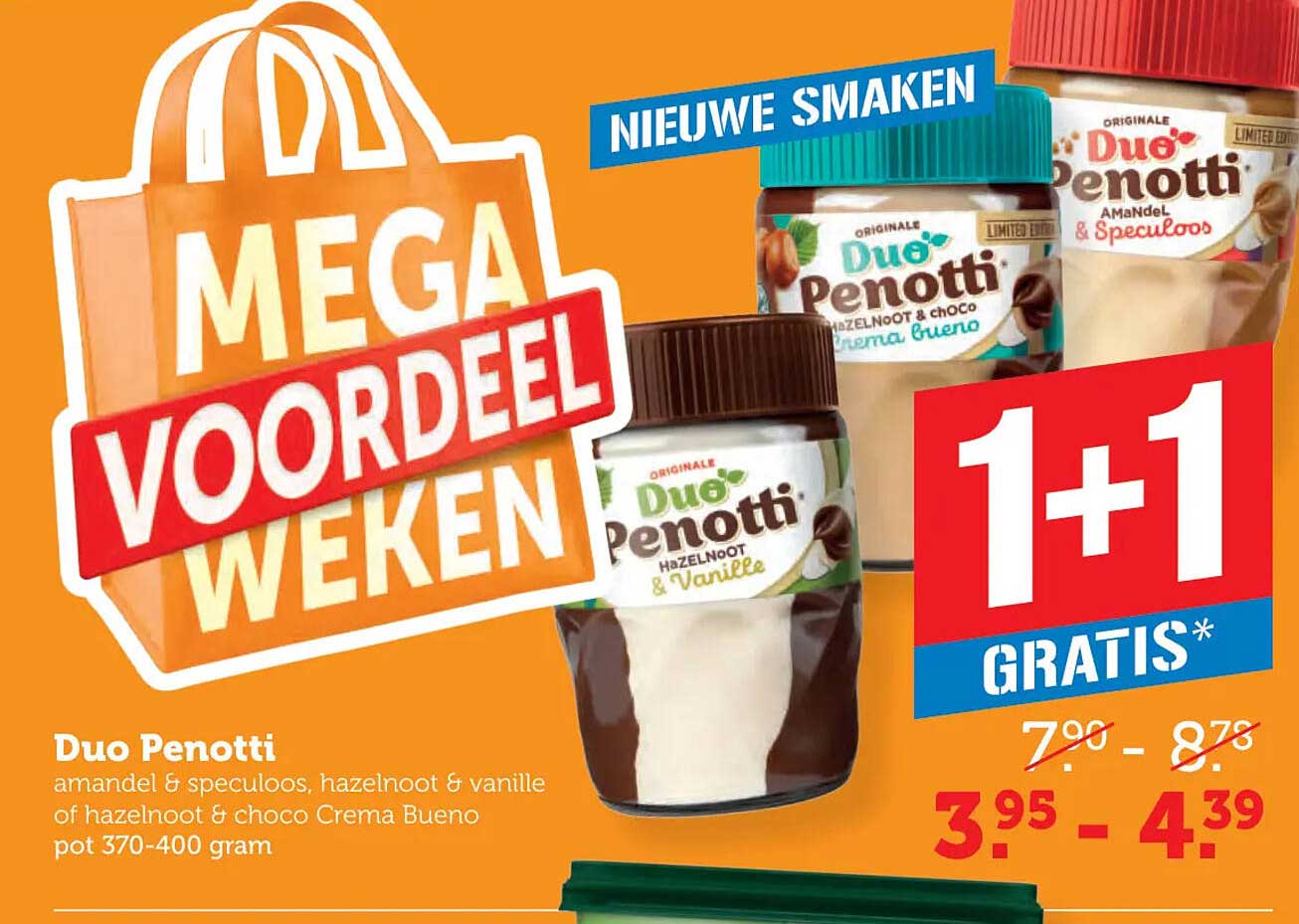 Duo Penotti amandel & speculoos, hazelnoot & vanille of hazelnoot & choco Crema Bueno pot 370-400 gram 1+1 gratis