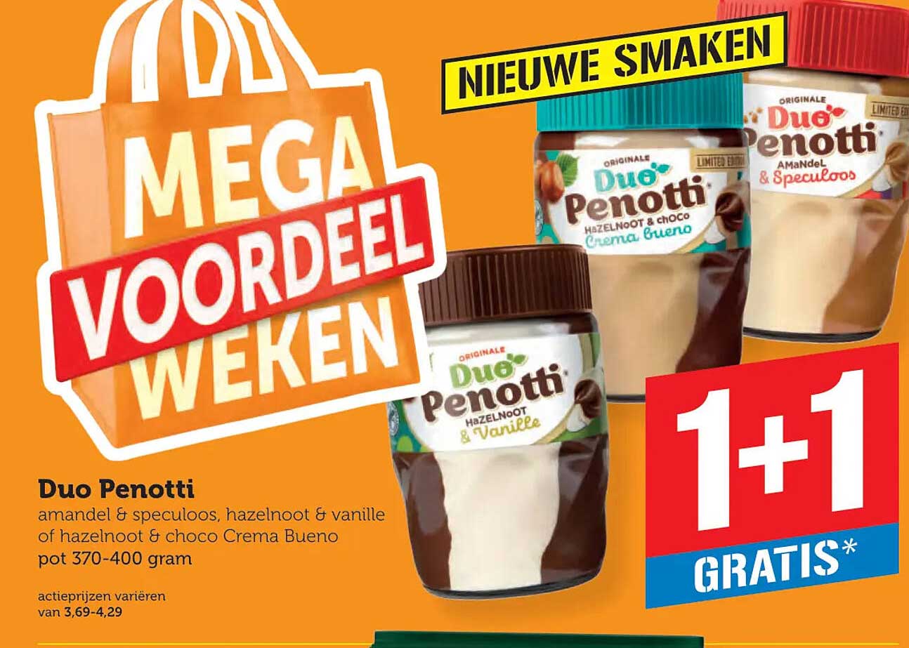 Duo Penotti amandel & speculoos, hazelnoot & vanille of hazelnoot & choco Crema Bueno pot 370-400 gram 1+1 gratis