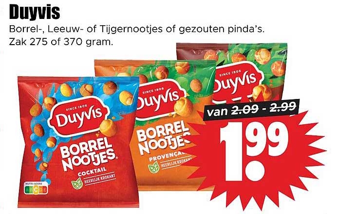Duyvis Borrel-, Leeuw- of Tijgernootjes of gezouten pinda’s. Zak 275 of 370 gram