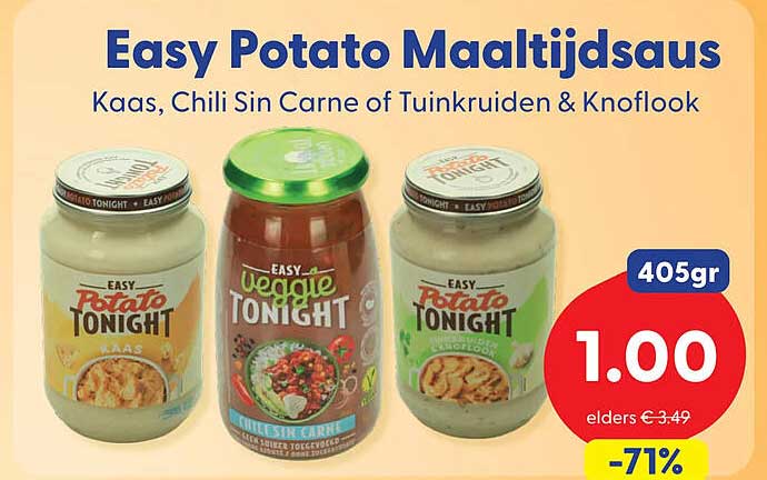 Easy Potato Maaltijsaus Kaas, Chili Sin Carne of Tuinkruiden & Knoflook