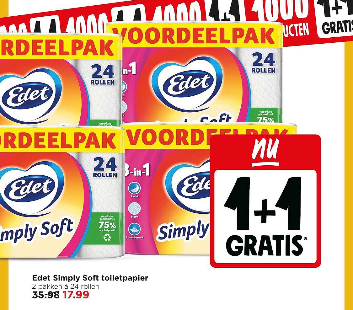 Edet Simply Soft toiletpapier 1+1 gratis