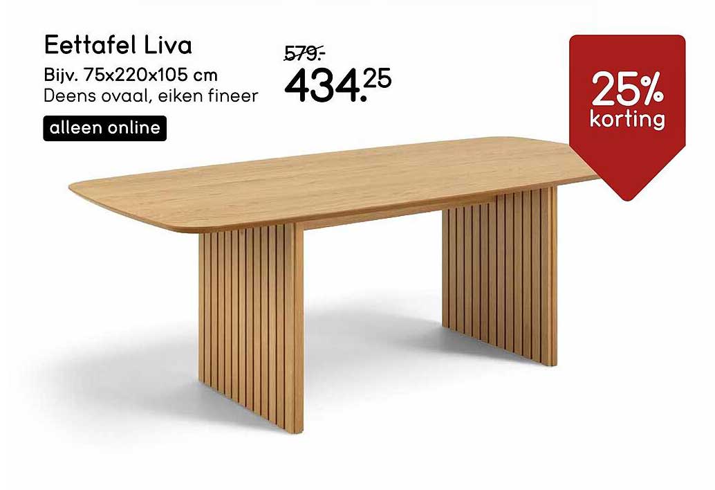 Eettafel Liva Bijv. 75x220x105 cm Deens ovaal, eiken fineer alleen online 25% korting