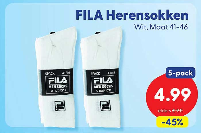 FILA Herensokken Wit, Maat 41-46 5-pack -45%