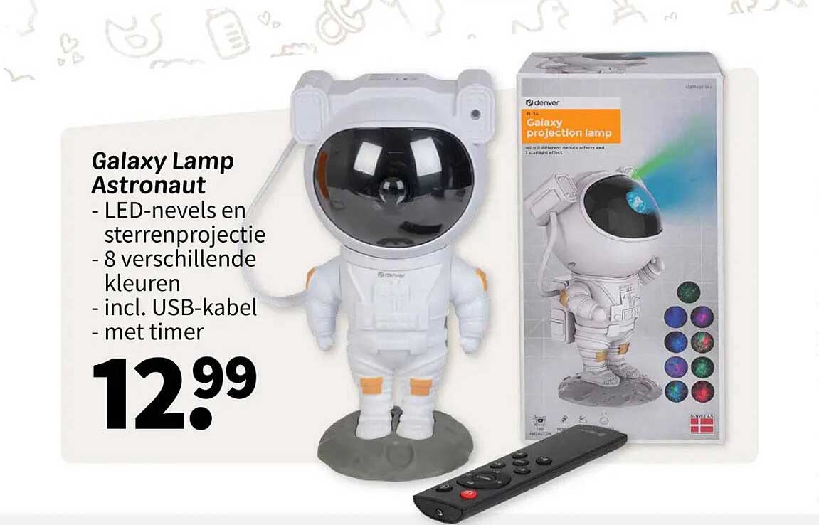 Galaxy Lamp Astronaut - LED-levels en sterrenprojectie - 8 verschillende kleuren - incl. USB-kabel - met timer