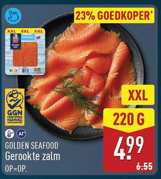 Golden Seafood Gerookte zalm OP=OP. XXL 220 G 23% GOEDKOPER*