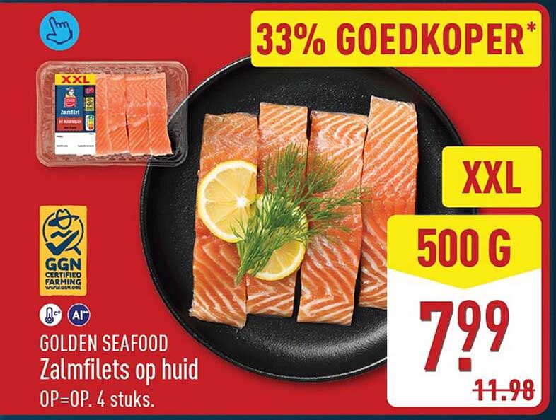 GOLDEN SEAFOOD Zalmfilets op huid OP=OP. 4 stuks. 33% GOEDKOPER*