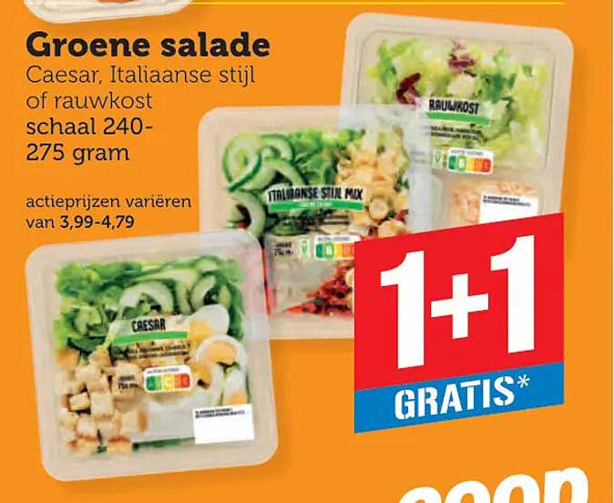Groene salade Caesar, Italiaanse stijl of rauwkost schaal 240-275 gram 1+1 GRATIS*