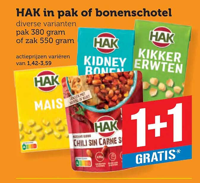 HAK in pak of bonenschotel 1+1 gratis