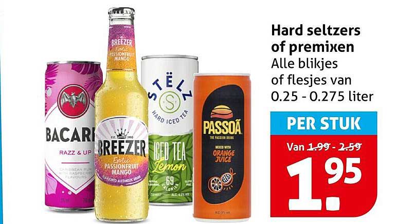 Hard seltzers of premixen Alle blikjes of flesjes van 0.25 - 0.275 liter PER STUK