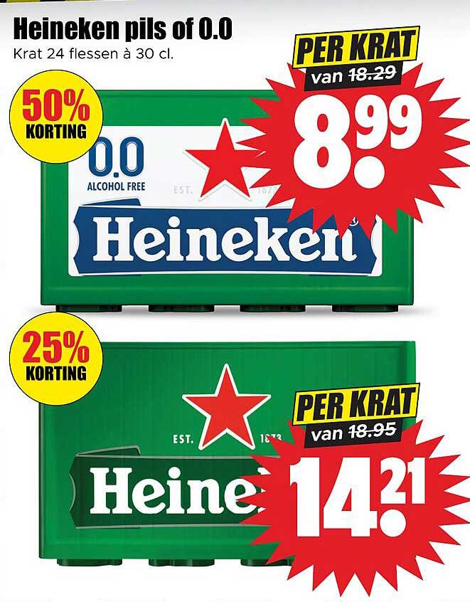 Heineken pils of 0.0 Krat 24 flessen à 30 cl. 50% korting