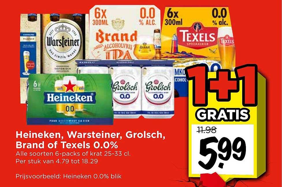Heineken, Warsteiner, Grolsch, Brand of Texels 0.0% 1+1 GRATIS