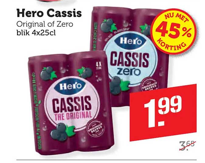 Hero Cassis Original of Zero blik 4x25cl