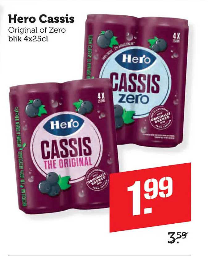 Hero Cassis Original of Zero blik 4x25cl