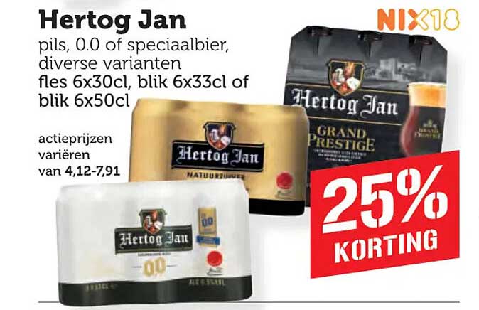 Hertog Jan pils, 0.0 of speciaalbier, diverse varianten fl es 6x30cl, blik 6x33cl of blik 6x50cl 25% KORTING