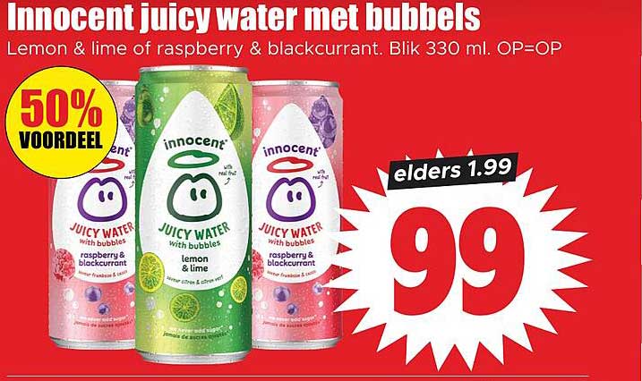 Innocent juicy water met bubbles Lemon & lime of raspberry & blackcurrant. Blik 330 ml. OP=OP 50% VOORDEEL
