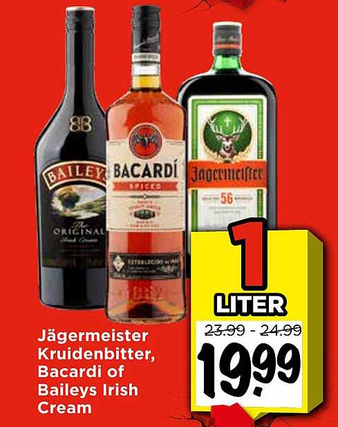 Jägermeister, Kruidenbitter, Bacardi of Baileys Irish Cream