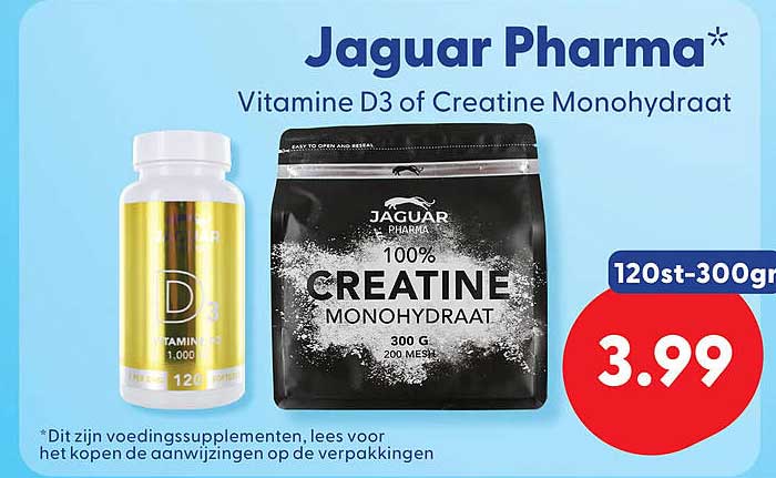 Jaguar Pharma* Vitamine D3 of Creatine Monohydraat 120st-300gr