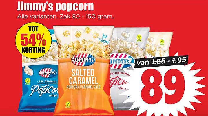 Jimmy’s popcorn Alle varianten. Zak 80 - 150 gram. TOT 54% KORTING