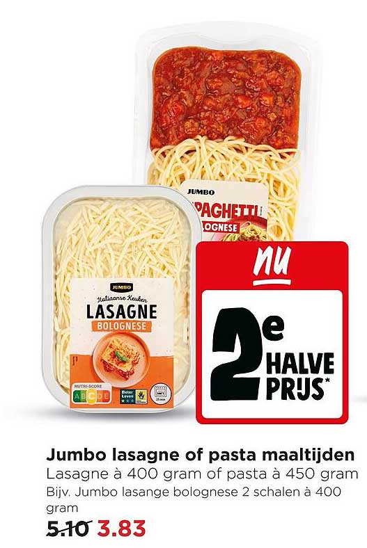 Jumbo lasagne of pasta maaltijden 2e halve prijs