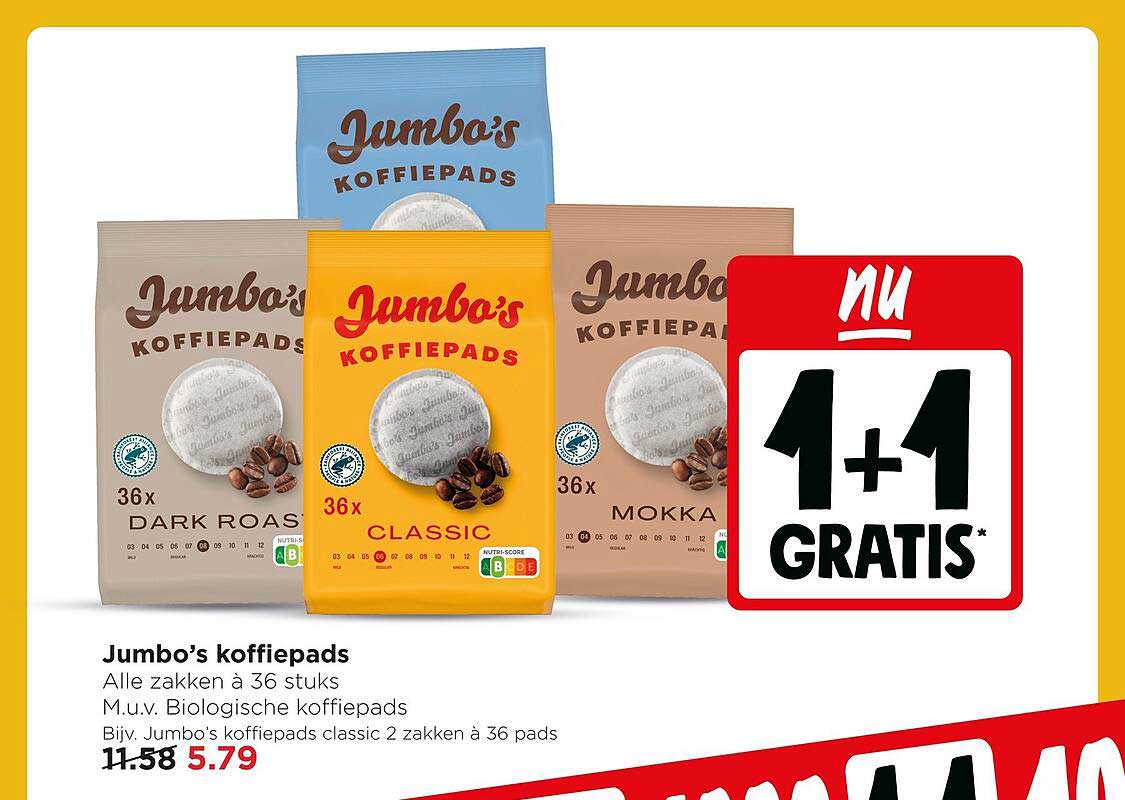 Jumbo's koffiepads 1+1 GRATIS