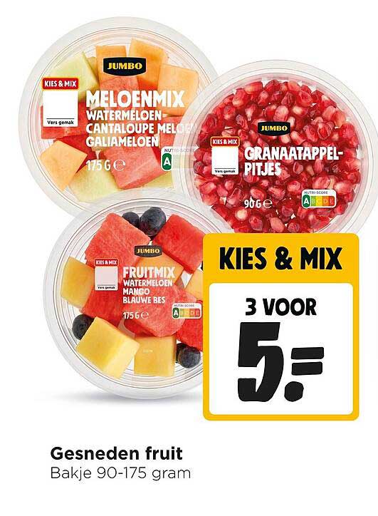 KIES & MIX 3 VOOR 5.- Gesneden fruit Bakje 90-175 gram