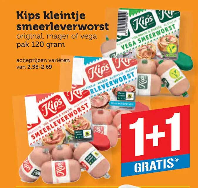 Kips kleintje smeerleverworst original, mager of vega pak 120 gram 1+1 GRATIS*