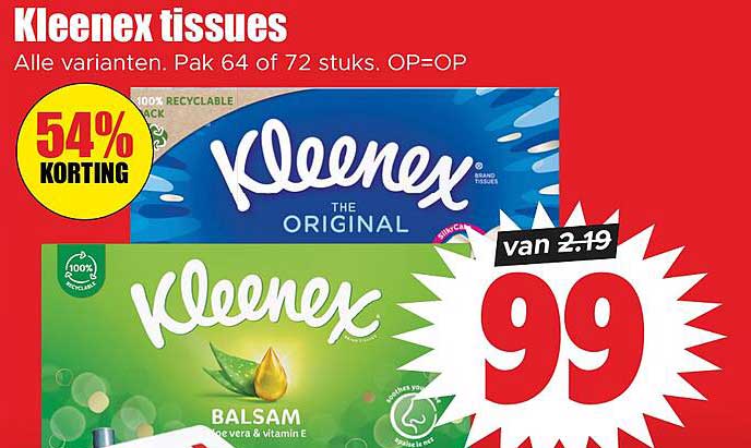Kleenex tissues Alle varianten. Pak 64 of 72 stuks. OP=OP 54% KORTING