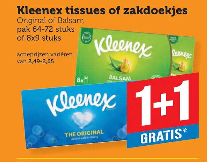 Kleenex tissues of zakdoekjes Original of Balsam pak 64-72 stuks of 8x9 stuks 1+1 GRATIS*