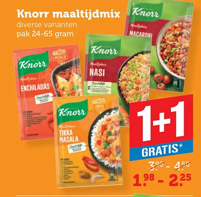 Knorr maaltijdmix diverse varianten pak 24-65 gram 1+1 gratis