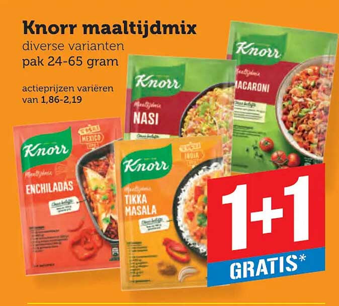Knorr maaltijdmix diverse varianten pak 24-65 gram 1+1 gratis