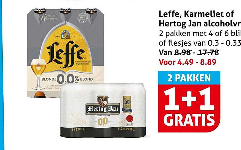 Leffe, Karmeliet of Hertog Jan alcoholvrij 2 pakken met 4 of 6 blikjes of flesjes van 0.3 - 0.33 l 1+1 gratis