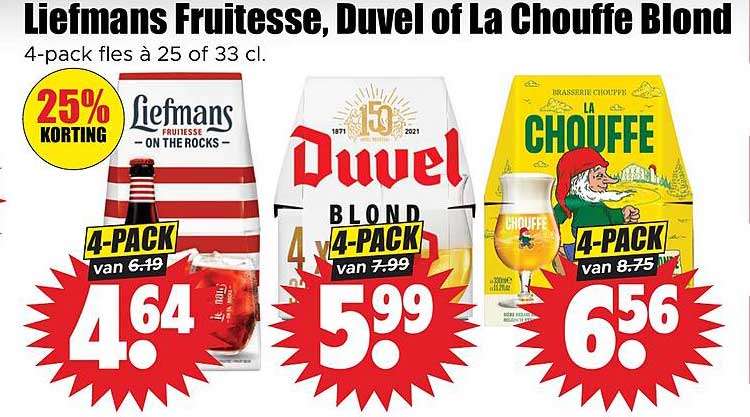 Liefmans Fruitesse, Duvel of La Chouffe Blond 4-pack fles à 25 of 33 cl. 25% korting