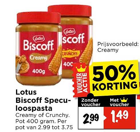 Lotus Biscoff Speculoospasta Creamy of Crunchy. 50% korting