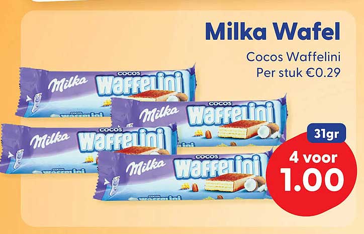 Milka Wafel Cocos Waffelini Per stuk €0.29 4 voor 1.00