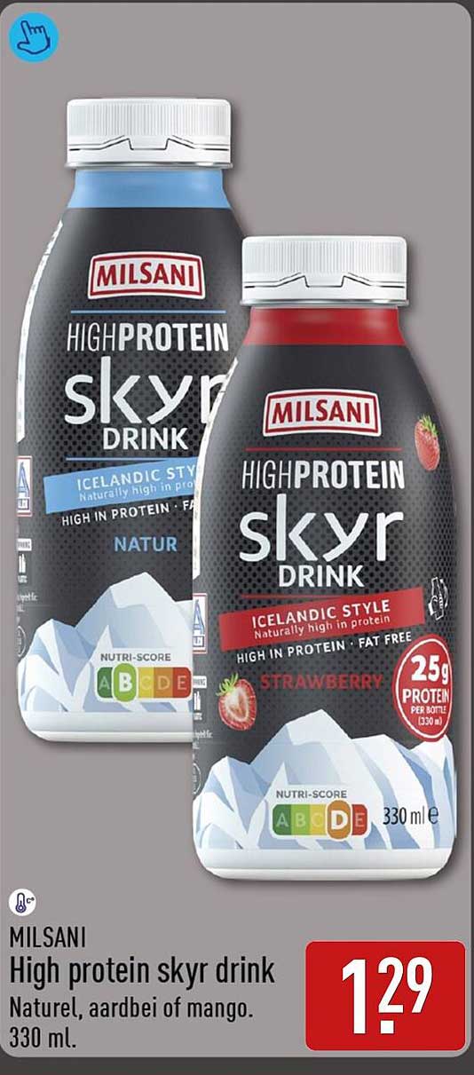 MILSANI High protein skyr drink Naturel, aardbei of mango. 330 ml.