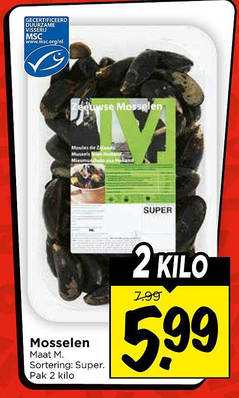 Mosselen Maat M. Sortering: Super. Pak 2 kilo