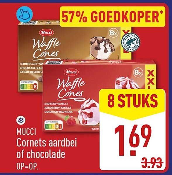 MUCCI Cornets aardbei of chocolade OP=OP. 8 STUKS 57% GOEDKOPER*