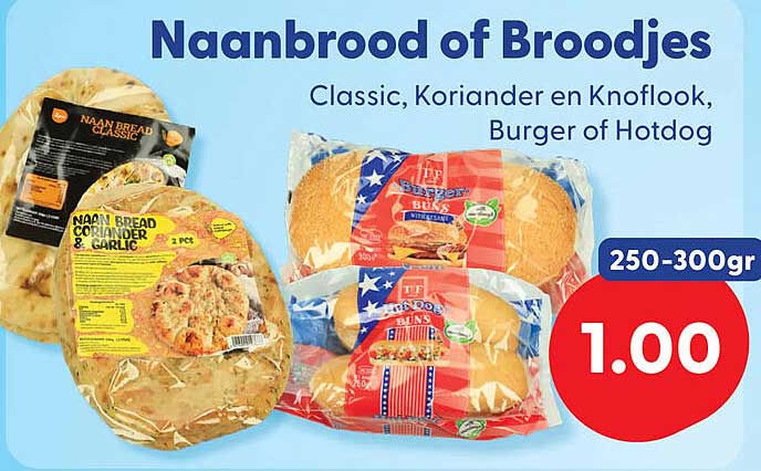 Naanbrood of Broodjes Classic, Koriander en Knoflook, Burger of Hotdog 250-300gr