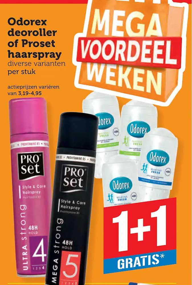 Odorex deodoroller of Proset haarspray diverse varianten per stuk 1+1 gratis